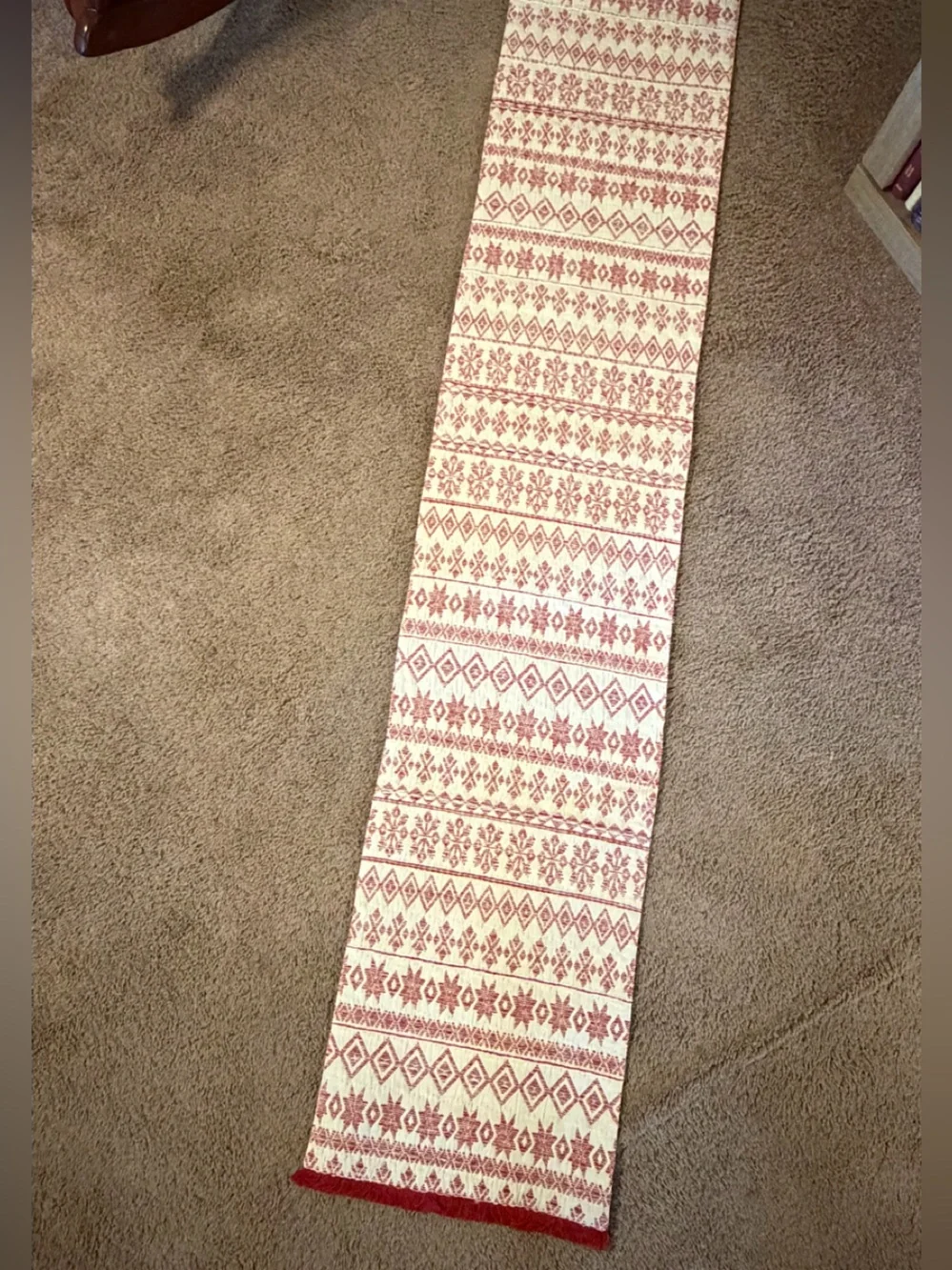 World Market Table Runner, 72” x 13”, Cream with Red Trim, Barely Used